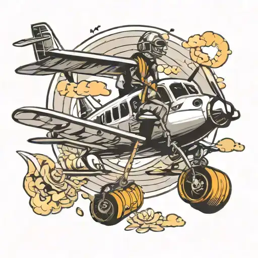 black and white tatoo plane on air with pilot on ground with luggage tattoo design idea