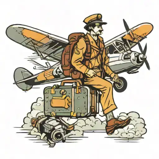 plain on air with pilot on ground with luggage tattoo design idea
