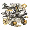 black and white tatoo plane on air with pilot on ground with luggage tattoo design idea