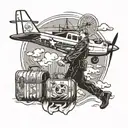 black and white tatoo plane on air with pilot on ground with luggage tattoo design idea