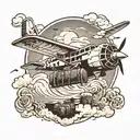 black and white tatoo plane on air with pilot on ground with luggage tattoo design idea