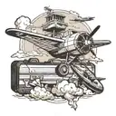 black and white tatoo plane on air with pilot on ground with luggage tattoo design idea