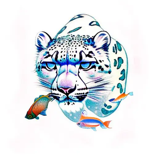A majestic snow leopard gracefully swimming underwater surrounded by colorful fish tattoo design idea