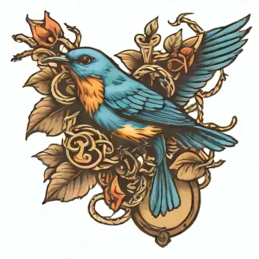 blue bird on a branch with dog tags intertwined tattoo design idea