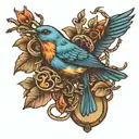blue bird on a branch with dog tags intertwined tattoo design idea