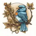 blue bird on a branch with dog tags intertwined tattoo design idea