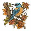 blue bird on a branch with dog tags intertwined tattoo design idea