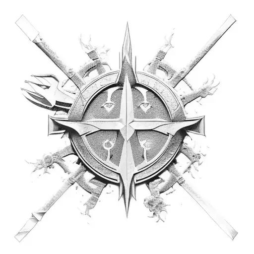 An intricate blackwork design featuring iconic weapons from Counter-Strike 2, surrounded by elements from The Lord of the Rings tattoo design idea