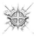 An intricate blackwork design featuring iconic weapons from Counter-Strike 2, surrounded by elements from The Lord of the Rings tattoo design idea