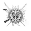 An intricate blackwork design featuring iconic weapons from Counter-Strike 2, surrounded by elements from The Lord of the Rings tattoo design idea