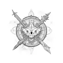 An intricate blackwork design featuring iconic weapons from Counter-Strike 2, surrounded by elements from The Lord of the Rings tattoo design idea