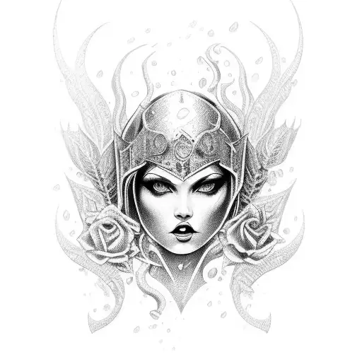 rainha com espelho e espada tattoo design idea