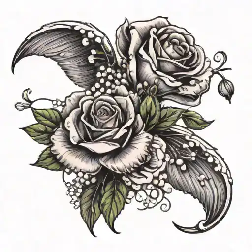 the names Eros and psyche with roses and lily of the valley flower tattoo design idea