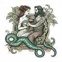 ariadne and Dionysus with snake covering wine bottle  tattoo design idea