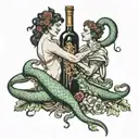 ariadne and Dionysus with snake covering wine bottle  tattoo design idea