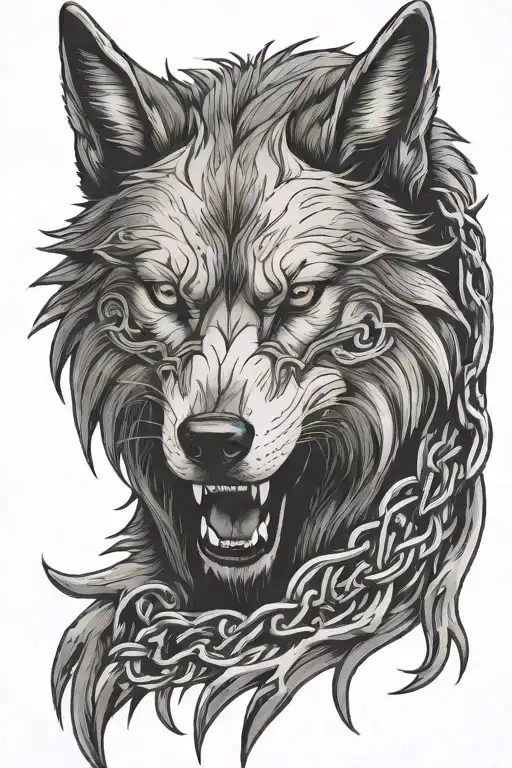 The wolf fenrir sitting in a dark atmosphere chained up, he is angry and protective. Nordic design for sleeve  tattoo design idea