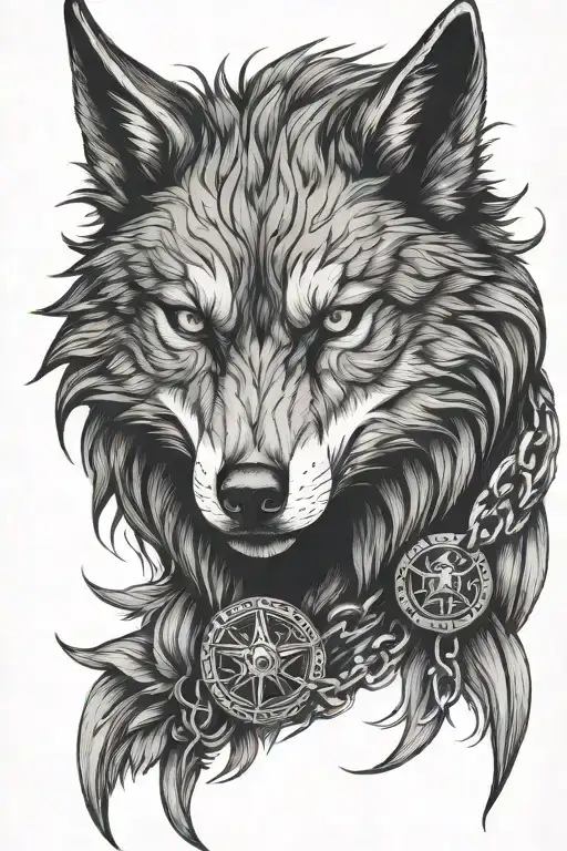 The wolf fenrir with owl sitting in a dark atmosphere chained up, he is angry and protective. Nordic design for sleeve  tattoo design idea