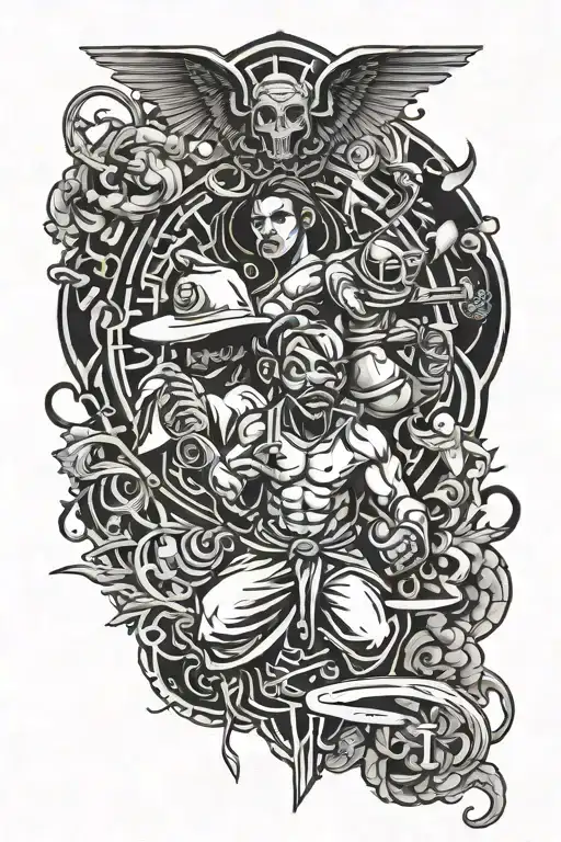 A tattoo design combining elements of hip hop culture and martial arts, with a symbolic representation of good vs. evil, in a blackwork style tattoo design idea