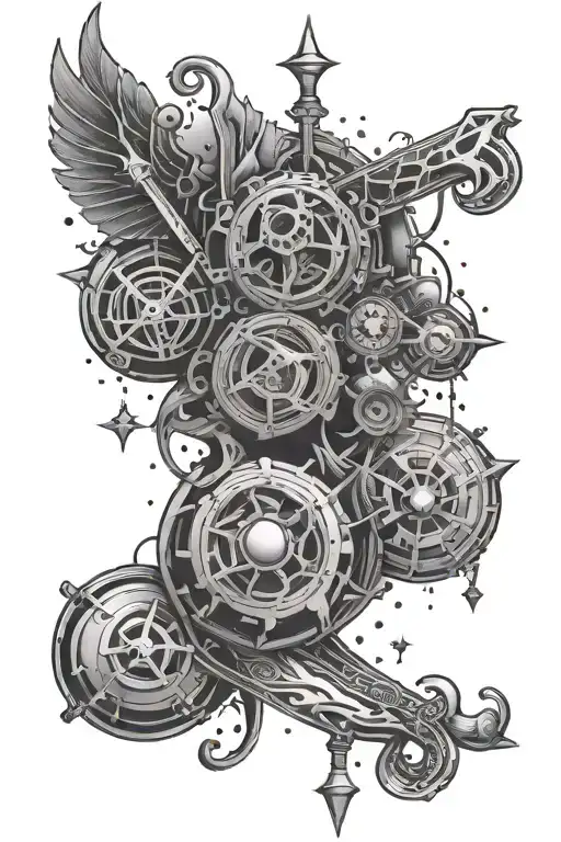 A tattoo design symbolizing the eternal struggle between passion and malice, with elements of rock music and hip hop culture, in a black-grey style tattoo design idea