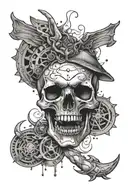 A tattoo design symbolizing the eternal struggle between passion and malice, with elements of rock music and hip hop culture, in a black-grey style tattoo design idea