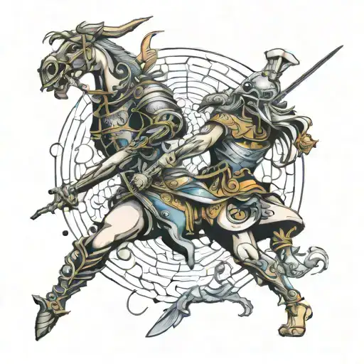 surrealist warrior battling mythical tattoo design idea