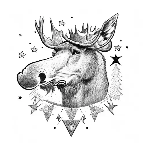 Moose looking out from a hat with a infinity guitar in its hooves and stars and airplanes around him tattoo design idea