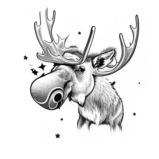 Moose looking out from a hat with a infinity guitar in its hooves and stars and airplanes around him tattoo design idea