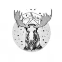 Moose looking out from a hat with a infinity guitar in its hooves and stars and airplanes around him tattoo design idea