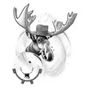 Moose looking out from a hat with a infinity guitar in its hooves and stars and airplanes around him tattoo design idea