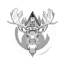 Moose looking out from a hat with a infinity guitar in its hooves and stars and airplanes around him tattoo design idea