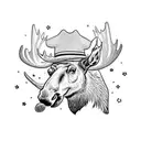 Moose looking out from a hat with a infinity guitar in its hooves and stars and airplanes around him tattoo design idea