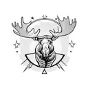Moose looking out from a hat with a infinity guitar in its hooves and stars and airplanes around him tattoo design idea