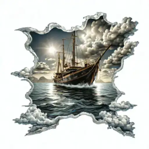 Boat with a ray of light shining and in water with clouds and people on boat tattoo design idea