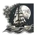 Boat with a ray of light shining down on it and sailing in the water tattoo design idea