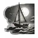 Boat with a ray of light shining down on it and sailing in the water tattoo design idea
