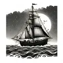 Boat with a ray of light shining down on it and sailing in the water tattoo design idea