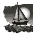 Boat with a ray of light shining down on it and sailing in the water tattoo design idea