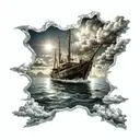 Boat with a ray of light shining and in water with clouds and people on boat tattoo design idea