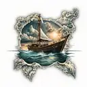 Boat with a ray of light shining and in water with clouds and people on boat tattoo design idea