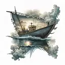 Boat with a ray of light shining and in water with clouds and people on boat tattoo design idea