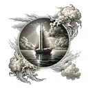 Boat with a ray of light shining and in water with clouds and people on boat tattoo design idea