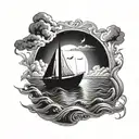 Boat in water with a ray of light shining down on boat and people on boat with clouds at the top and bottom of water tattoo design idea