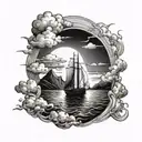 Boat in water with a ray of light shining down on boat and people on boat with clouds at the top and bottom of water tattoo design idea