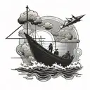 Boat in water with a ray of light shining down on boat and people on boat with clouds at the top and bottom of water tattoo design idea