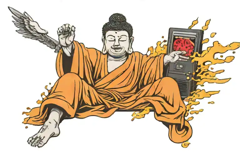 a buddha smashing a tv screen tattoo design idea