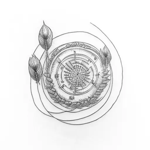 round tattoo circling the thigh, with a wheat sheaf motif, prairies theme, elegant, masculine, simple. tattoo design idea