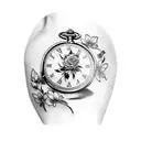 A realistic black and gray tattoo of a pocket watch surrounded by roses and delicate cherry blossom petals tattoo design idea