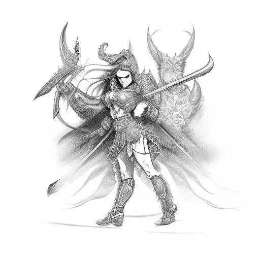 female warrior and demon tattoo design idea