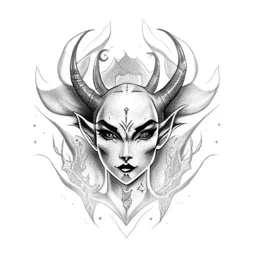 elf woman demon darkness horns black wings tattoo design idea