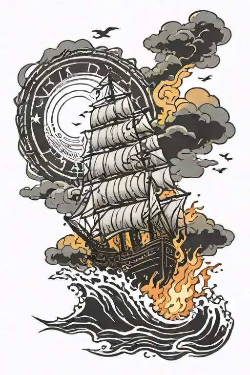 A burning ship in a halo of fire with a bright star reflected in the waves tattoo design idea